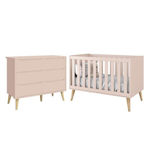 Jogo de Quarto Infantil Theo Cômoda 6 Gavetas e Berço Rosa Fosco com Pés Madeira Natural Reller M