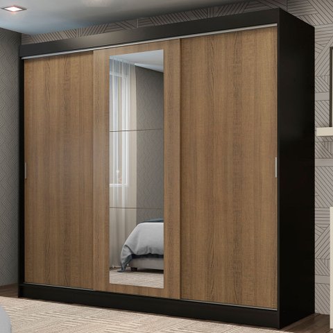 Guarda-Roupa Casal Madesa Kansas 3 Portas de Correr com Espelho 3 Gavetas Preto/Rustic Cor:Preto/Rus