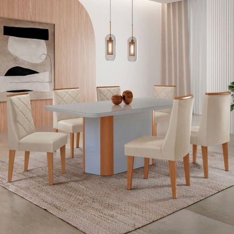Mesa Jantar Isadora 180cm 6 Cadeiras Isadora Moderna Mobília Veludo Creme/off White/naturale