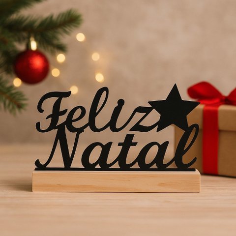 Placa Decorativa Natalina em Madeira 10x10cm Enfeite Modelo: Feliz Natal com Base