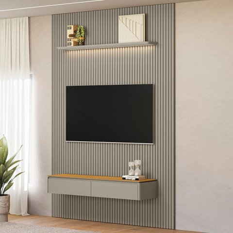 Painel Ripado para TV 75 pol com Bancada Orgânica e Prateleira LED 180cm Slats L05 Tauari Gris
