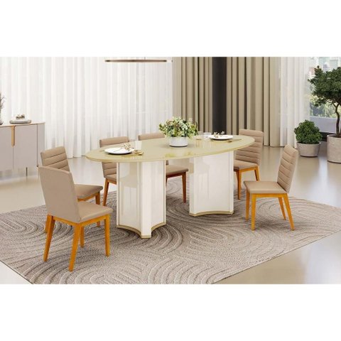 Sala de Jantar Completa Liz C/ Tampo Madeirado C/ Vidro Oval 218x108cm e 6 Cadeiras Sofia Off White/