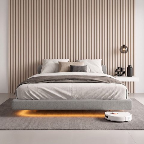 Cama Box Casal Osaka Flutuante Estilo Japonesa 138x188 Base Estofada Linho Cinza - Desk Design