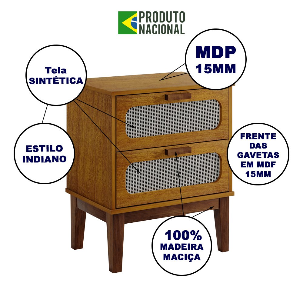 Mesa de Cabeceira Santorini 2 Gavetas 45 Cm Nature - 2