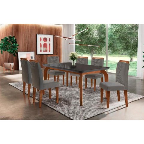Sala de Jantar Completa Londrina Tampo Madeirado C/ Vidro Curvo 180x90 e 6 Cadeiras Amsterdã Imbuia