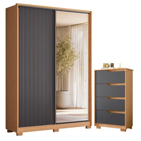 Guarda Roupa Solteiro Frizatto com Espelho e Cômoda Sole Flex Freijo Titanium - Móveis Albatroz