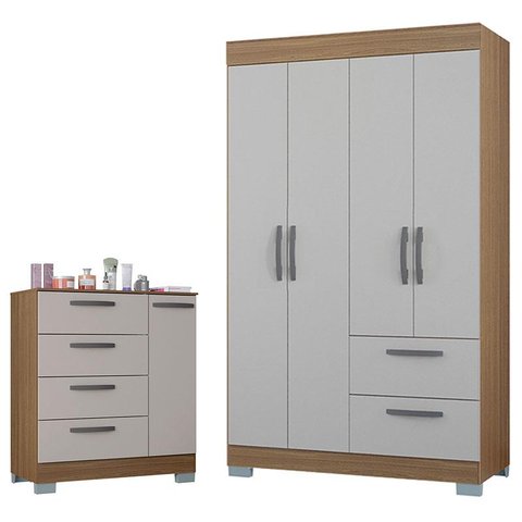 Cômoda 868 4 Gavetas e 1 Porta com Guarda Roupa Solteiro Tóquio 4 Portas Castanho Off White - Poquem