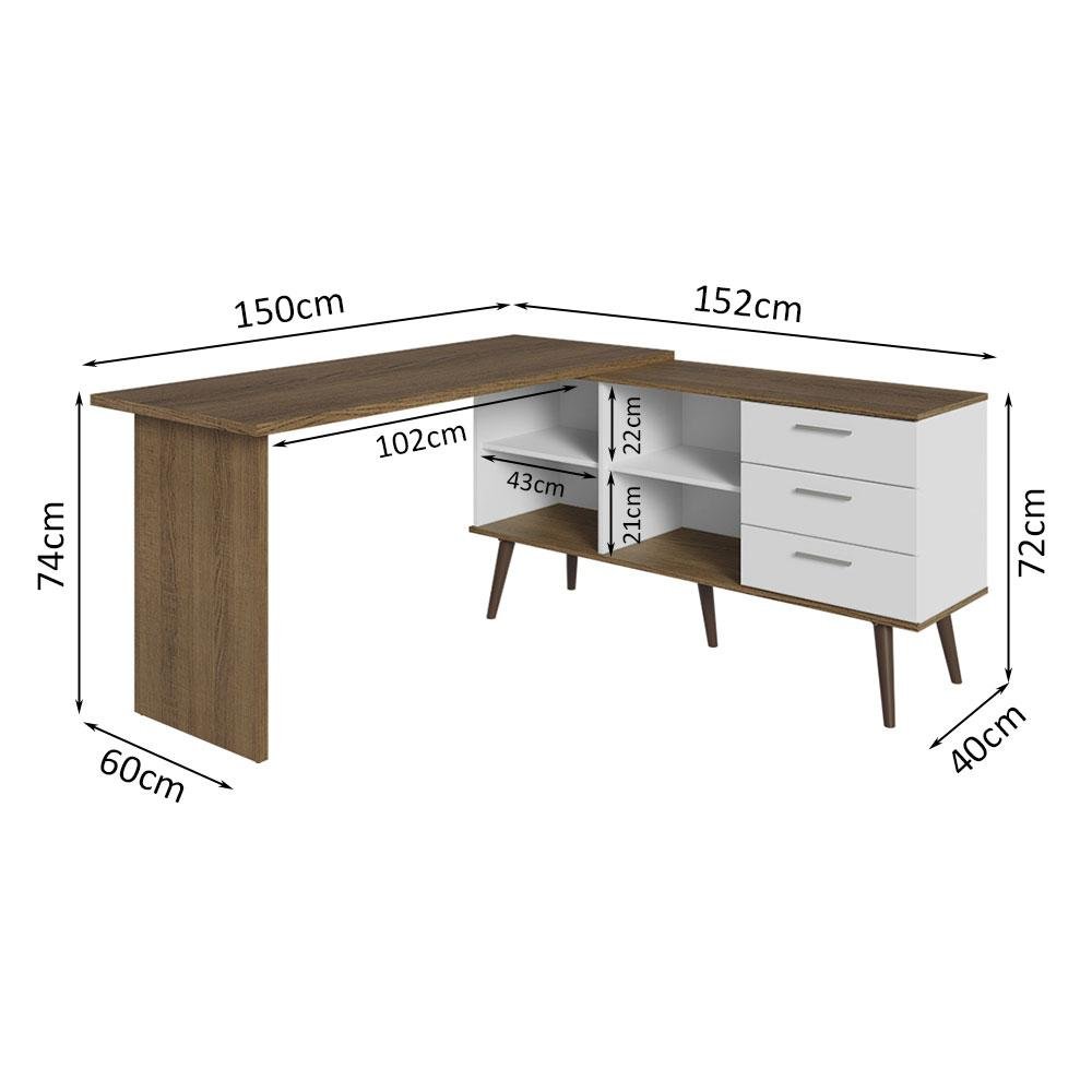 Escrivaninha Mesa de Escritório de Canto 3 Gavetas Branco/rustic Lisboa Madesa - 4