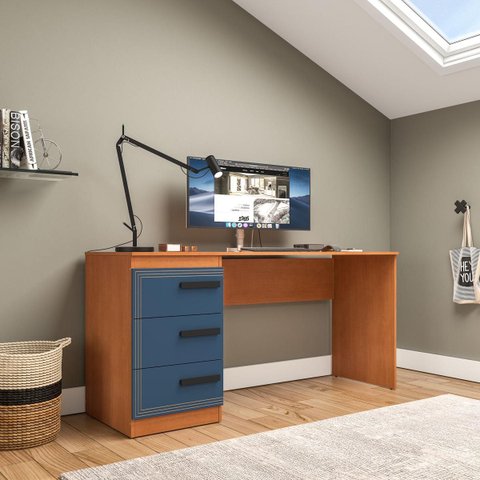Mesa Escrivaninha Valência Home Office 3 Gavetas 163x77cm Azul/Freijó 250693