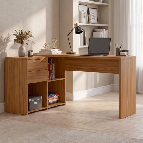 Escrivaninha Mesa de Escritório em L com 2 Gavetas e Nichos 148,6cm Flex Freijó Trend Office