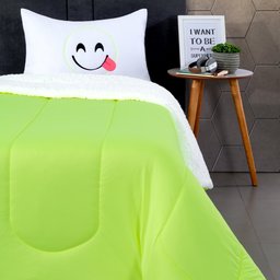 Coberdrom Solteiro Ternura Emoji Porta Bordado Tecido Sherpa 02 Peças - Verde - 3