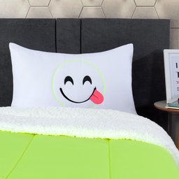 Coberdrom Solteiro Ternura Emoji Porta Bordado Tecido Sherpa 02 Peças - Verde - 4