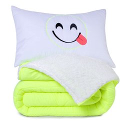 Coberdrom Solteiro Ternura Emoji Porta Bordado Tecido Sherpa 02 Peças - Verde - 1