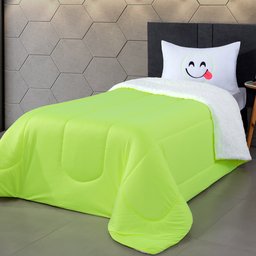 Coberdrom Solteiro Ternura Emoji Porta Bordado Tecido Sherpa 02 Peças - Verde - 2