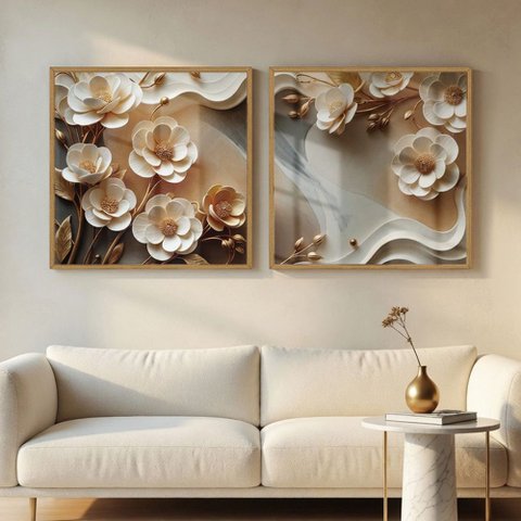 Quadro Decorativo Flores Brancas 3D Abstratas Moldura Premium:Moldura Freijo/90X90 com Vidro Acrílic