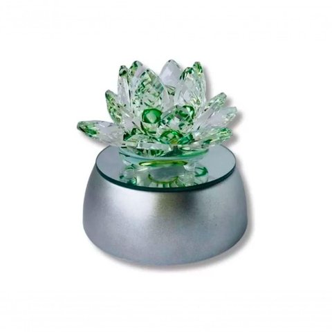 Enfeite Escultura de Vidro Flor de Lotus de 13cm com Base Espelhada Led Rgb Enfeite de Cristal Verde