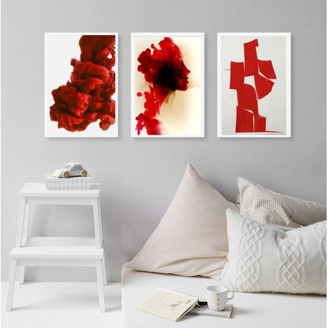 Kit 3 Quadros Decorativos Vermelhos- Formas Abstratas 24x18cm:madeira Branca