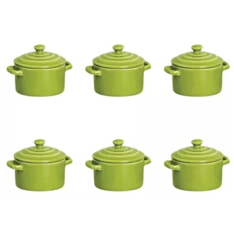 Kit 6 Mini Caçarolas Cerâmica Panelinha c/ Tampa Verde 250ml