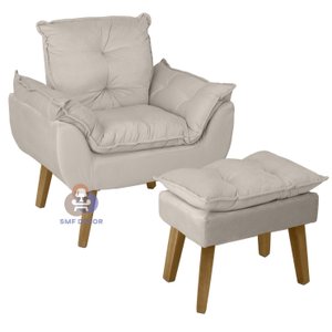 Poltrona/cadeira Decorativa e Puff Glamour com Pés Quadrado Bege