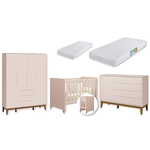 Quarto de Bebê Berço Evolution + Guarda Roupa 4P + Cômoda Sp Elfe  Rosa 02 Colchões