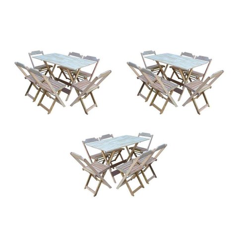 Kit 3 Jogos De Mesa Dobravel Com 6 Cadeiras De Madeira 120X70 Para Restaurante E Bar - Sem Pintura