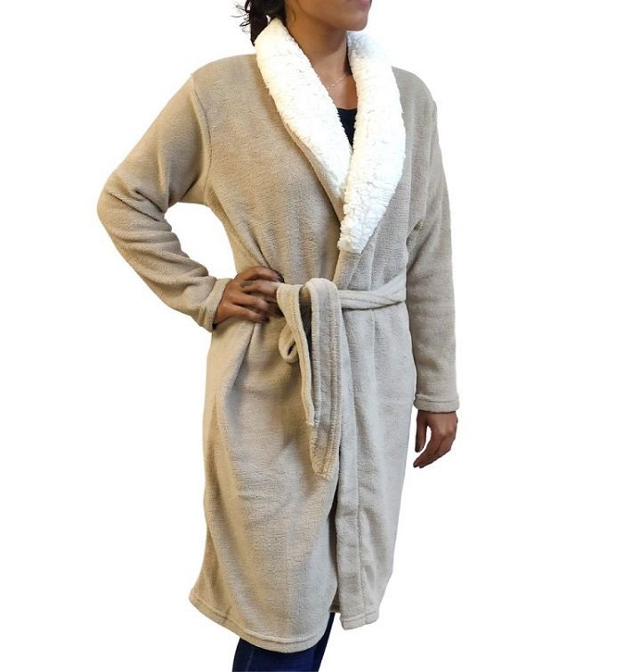 Roupão Microfibra Gola Efeito Pele De Carneiro Taupe Gg - 1