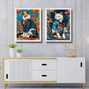 Ver imagem 1 de Kit 2 Quadros Arte Oriental - Gatos de Kimono 24x18cm:moldura Branca