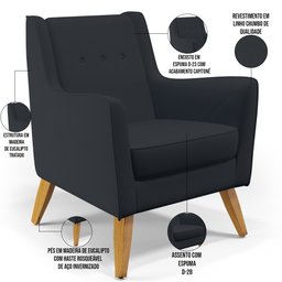 Poltrona Decorativa com Pés de Madeira Taroba D02 Linho Chumbo C-465 - Lyam Decor - 4