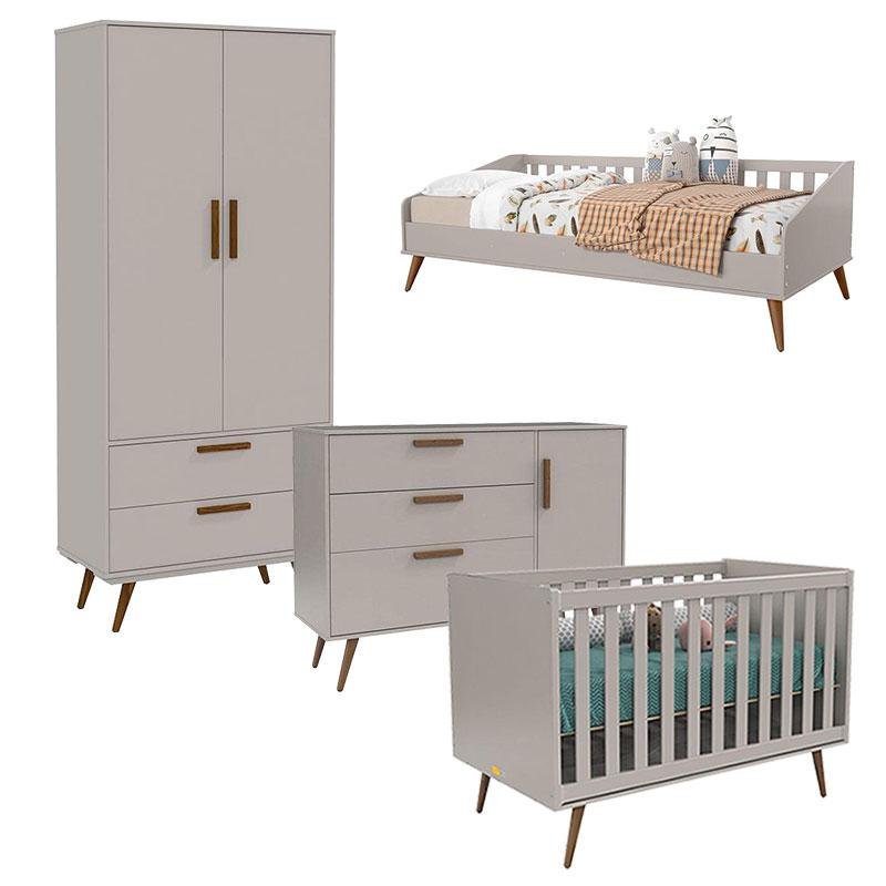 Quarto de Bebe Retro 2 Portas com Cama Babá Cinza Eco Wood - Matic ...