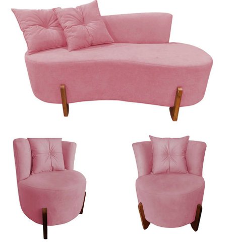 Kit Namoradeira + 2 Poltronas Decorativa Luna Veludo Rosa