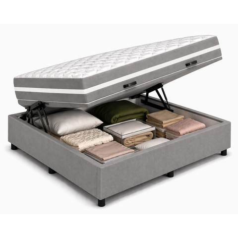 Kit Cama Box Baú Casal 138x188 cm + Colchão Molas Bonnel Casal 28 cm Cinza Suede