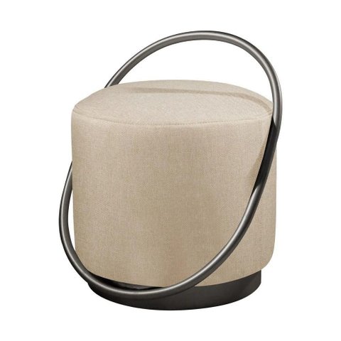 Puff Redondo Lunar em Linho e Base Metal Preto Linho Bege Claro