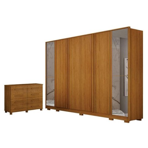 Guarda Roupa Casal Ares 6 Portas com Espelho Cinamomo com Cômoda San Marino 8 Gavetas Cinamomo – Lei