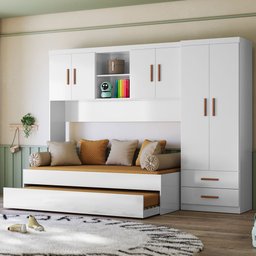 Quarto Infantil Ônix com Roupeiro 02 Portas, Módulo Aéreo e Cama com Auxiliar Branco/nature - Petern - 5