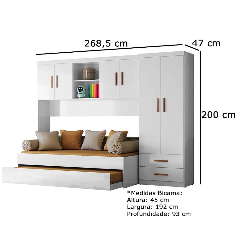 Quarto Infantil Ônix com Roupeiro 02 Portas, Módulo Aéreo e Cama com Auxiliar Branco/nature - Petern - 3