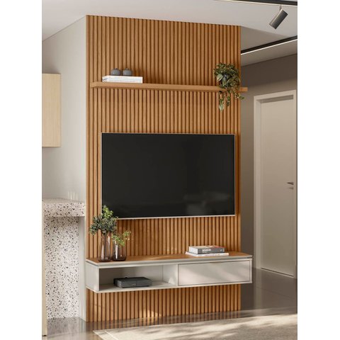 Painel Ripado Modular 141 X 250cm com 1 Nicho e Prateleira 1.4 Linea Brasil - Nature/off White