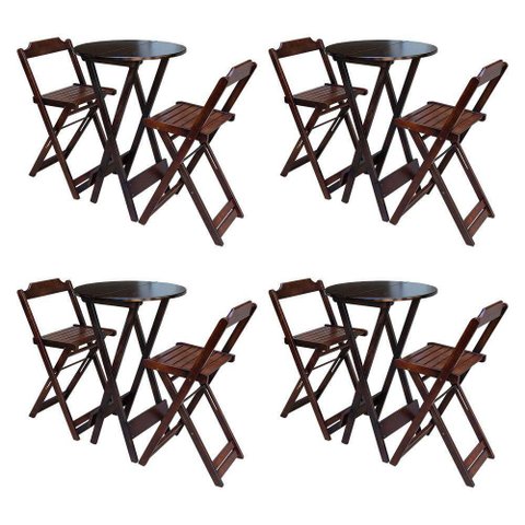 Kit 4 Jogos De Mesa Bistrô De Madeira Com 2 Cadeiras Dobravel Imbuia - Marrom
