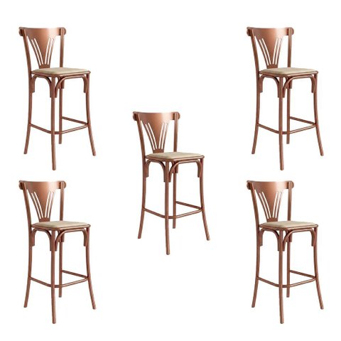 Kit 5 Banquetas Altas Paris em Aço Cobre para Cozinha Bancada Gourmet Balcão com Assento na Cor Bege