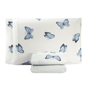 Jogo Lençol Casal 4 Peças Algodão Percal 150 Fios Essencialle:borboletas Azul
