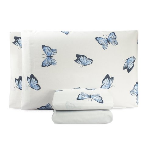 Jogo Lençol Casal 4 Peças Algodão Percal 150 Fios Essencialle:borboletas Azul