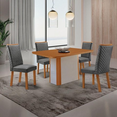 Conjunto Jantar Isadora 4 Lugares MDF Cadeiras Lira Linho Grafite 120cm Moderna
