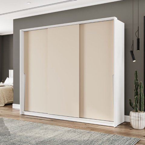 Guarda Roupa Roupeiro 3 Portas de Correr 4 Gavetas Porto Branco Creme Politorno Móveis