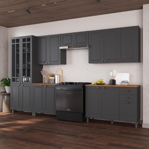 Armário de Cozinha Modulada Completa Fidelitá Nara 100% MDF 6 Peças 360cm 16 Portas 2 Gavetas com