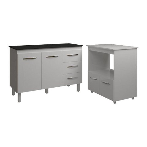 Balcão Armário Gabinete Bruna 118 Cm Branco com Tampo Preto e Balcão Amanda para Forno e