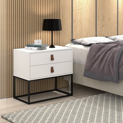 Mesa de Cabeceira Unic 60 2 Gavetas C/puxador Couro Pés de Ferro Cor:branco