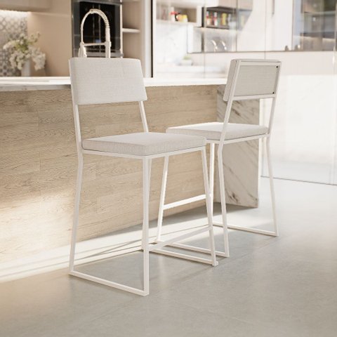 Kit 3 Banquetas Média Balcão Estofada com Encosto Branco Linho Dubai