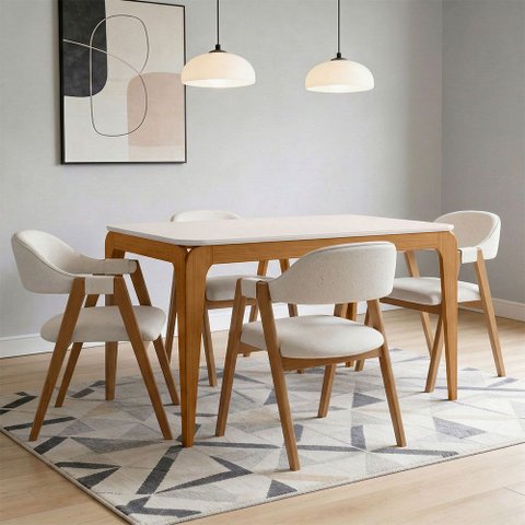 Mesa Retangular Tampo de Vidro Claris 120cm Ypê Off White N01 com 4 Cadeiras Nadja Linho Cru - Lyam 