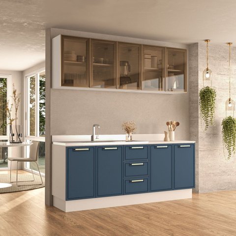 Cozinha com Rodapé Aéreo Cristaleira e Balcão Amara Azul/Branco