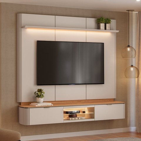 Painel para TV 70 pol com Bancada Suspensa Orgânica LED 180cm Leoni L05 Canela Off White Fosco - Lya