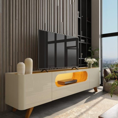 Nobre 210 Rack c/Pés Madeira Cor:Off White e Naturale